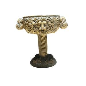 Lion Head Pedestal Chalice Urn Goblet Old World Tuscan Style Gold Resin Decor